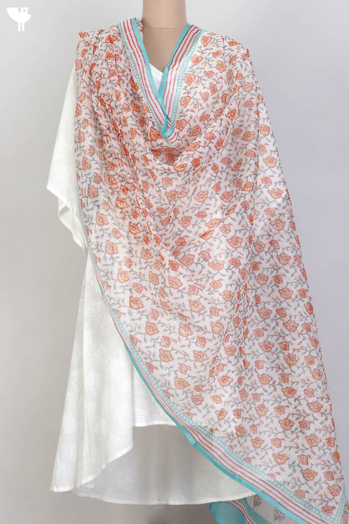 Kota Doria Dupatta With Floral Block Print
